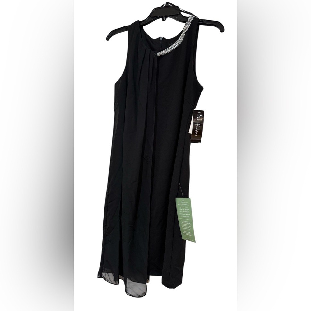 S.L. Fashions Black Sleeveless Evening Dress with Rhinestone Trim